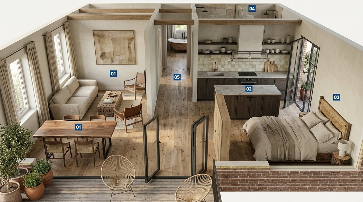 Wnętrze modern rustic – wizualizacja AI